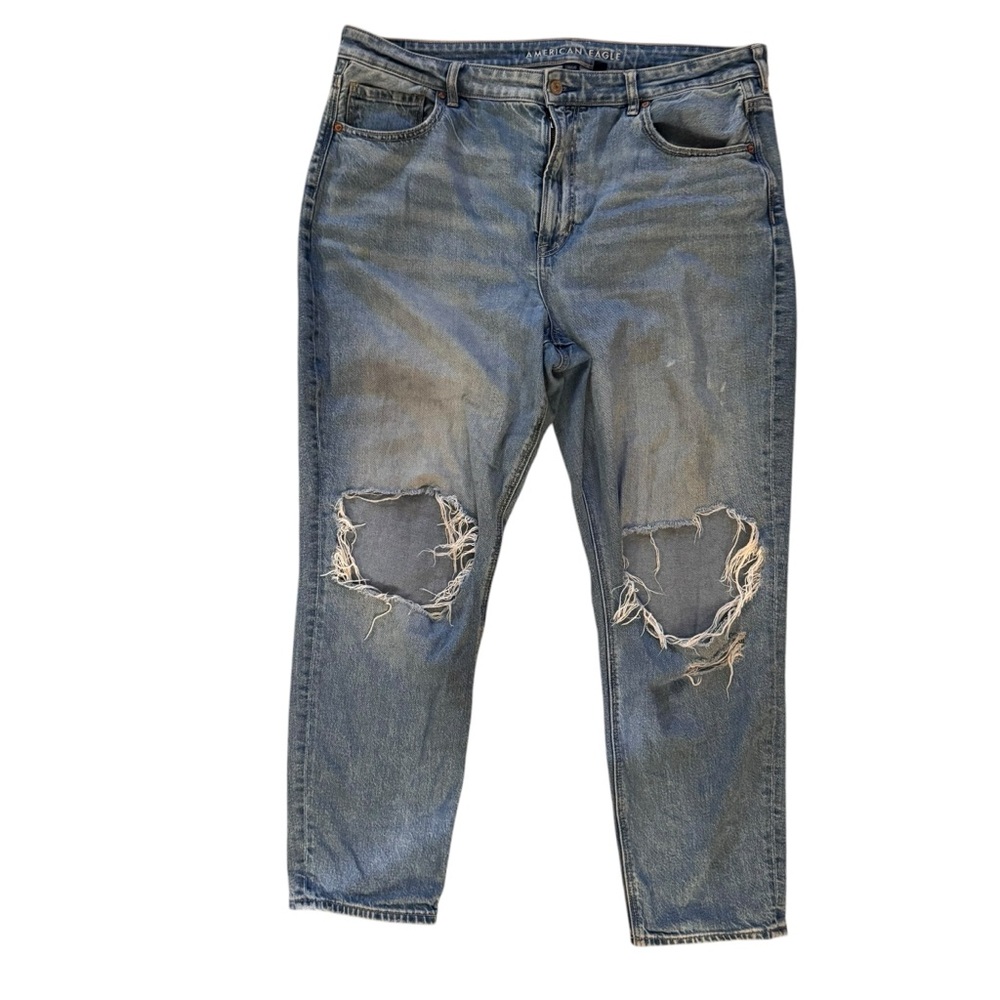 American Eagle Strigid Ripped Mom Jeans Size 18 Blue Denim Distressed Knee Holes